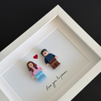Custom minifigure family in frame. Personalized group display for home or office decor.